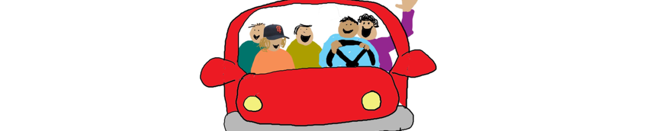People happily carpooling in a big, red car